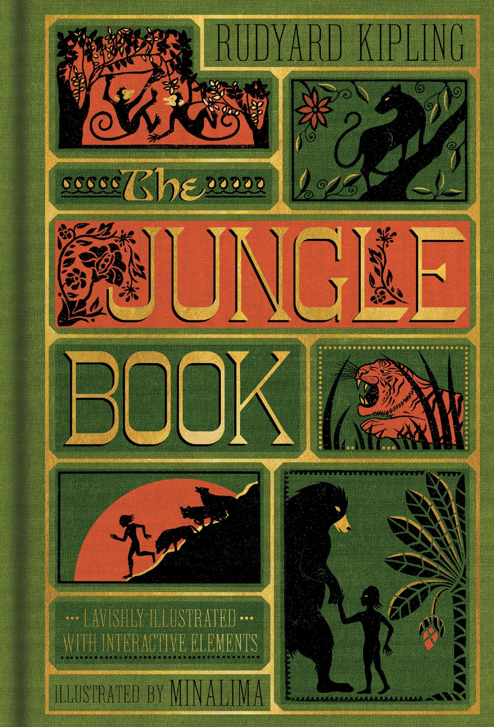 Hardback edition of The Jungle Book by Rudyard Kipling, designed by MinaLima, featuring vibrant illustrations and detailed cover.