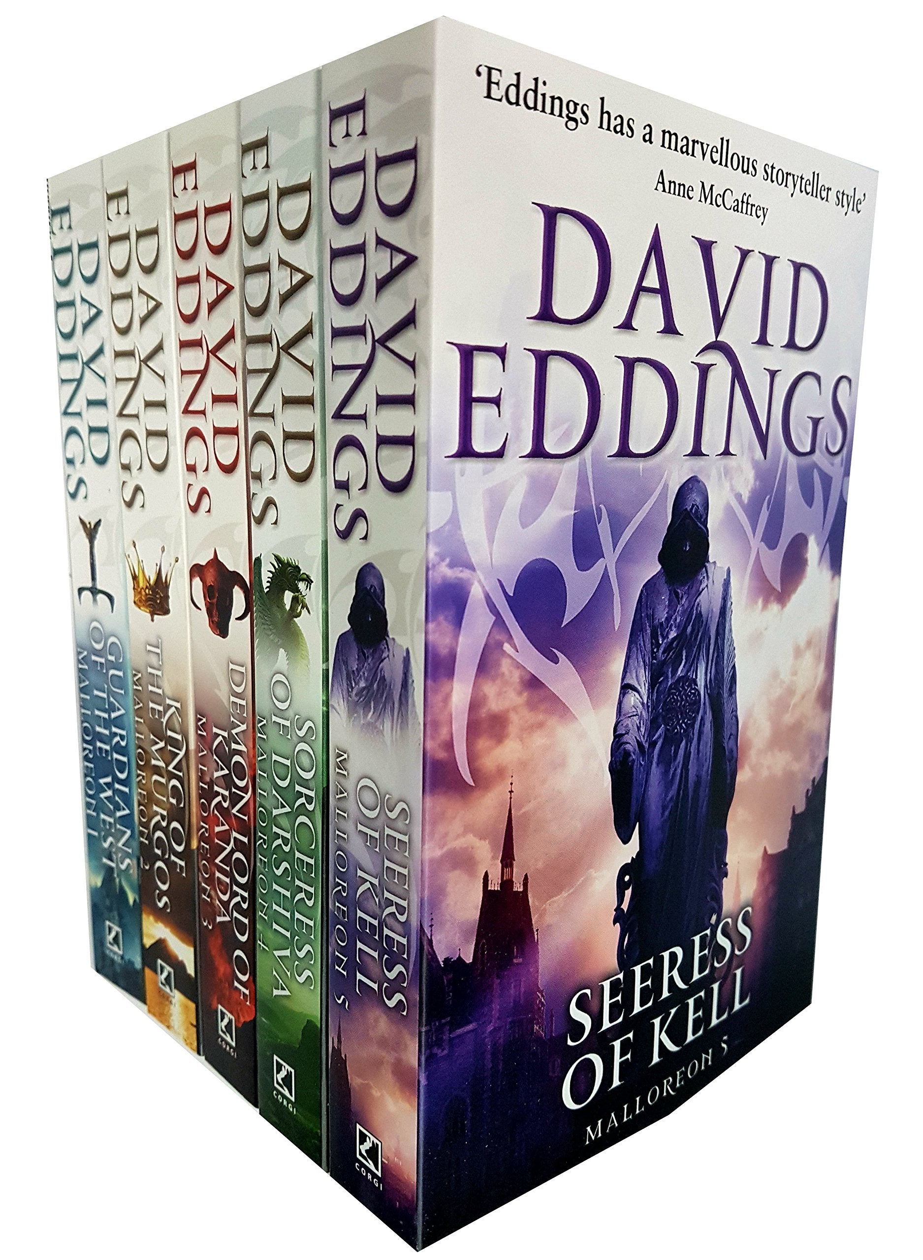 Malloreon Series by David Eddings, 5 paperback books stacked with colorful covers featuring fantasy artwork.