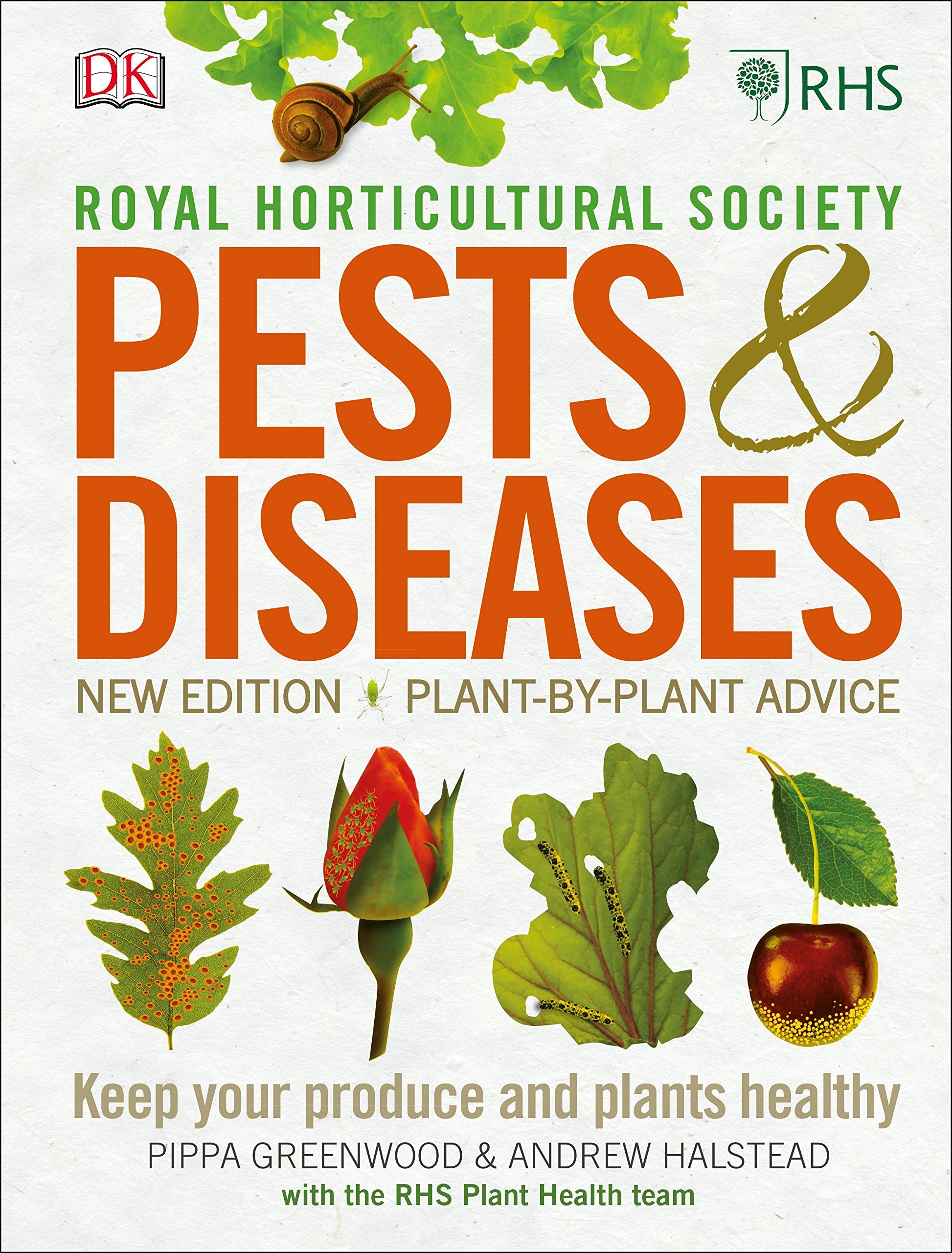 RHS Pests and Diseases paperback by Andrew Halstead, featuring a detailed cover with vibrant imagery of plant pests.