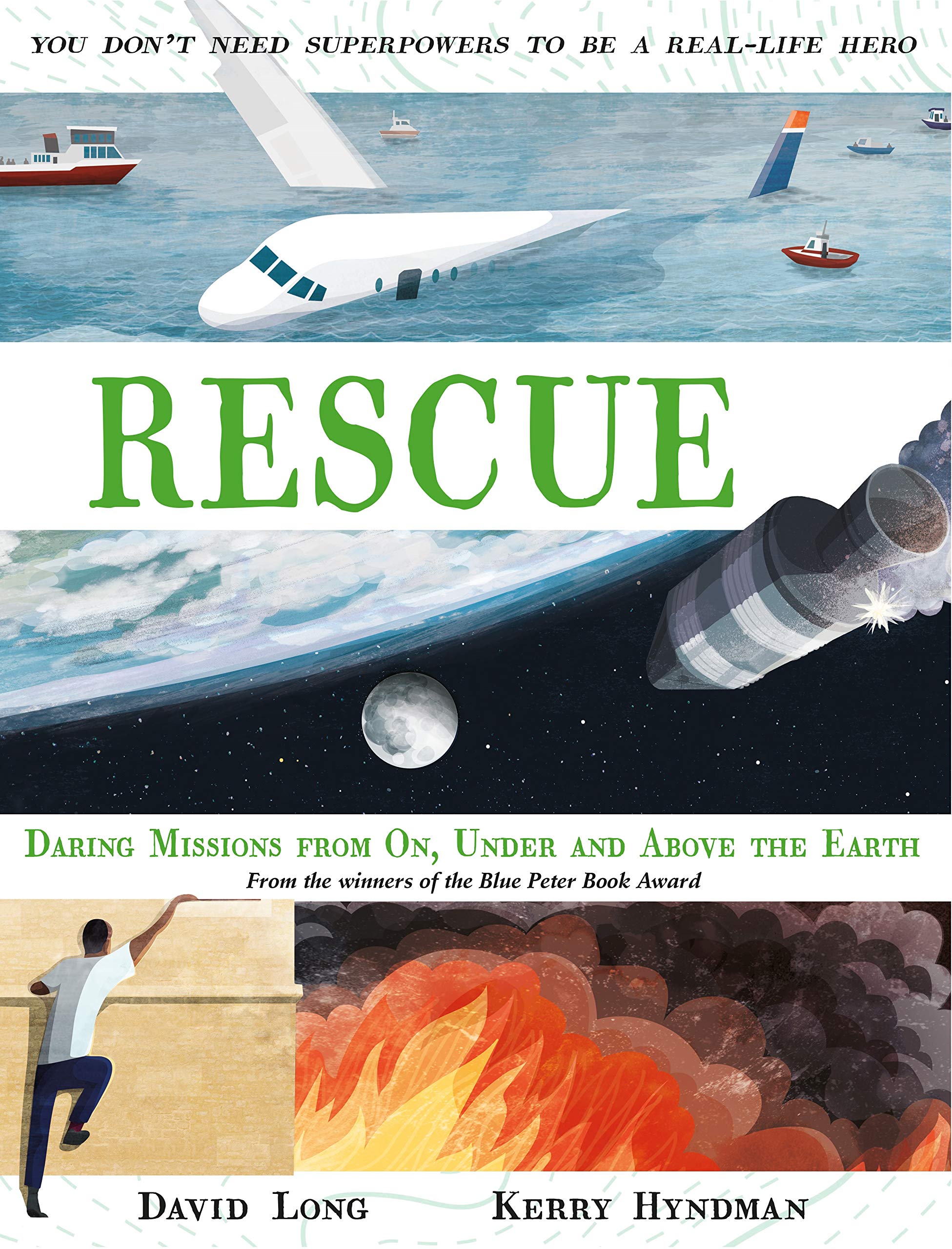 Hardback children's book "Rescue" by David Long and Kerry Hyndman for ages 3–7, featuring colorful illustrations.