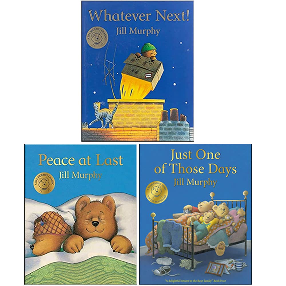 A Bear Family Book by Jill Murphy 3 book paperback set front cover, featuring Whatever Next!, Peace at Last, and Just One of Those Days