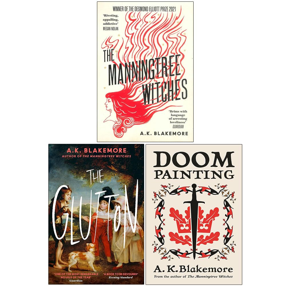 A. K. Blakemore 3 Books Collection Set paperback front cover, featuring The Manningtree Witches, The Glutton, and Doom Painting