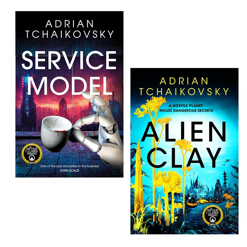Front cover of Adrian Tchaikovsky 2 books collection set featuring Service Model and Alien Clay paperback novels