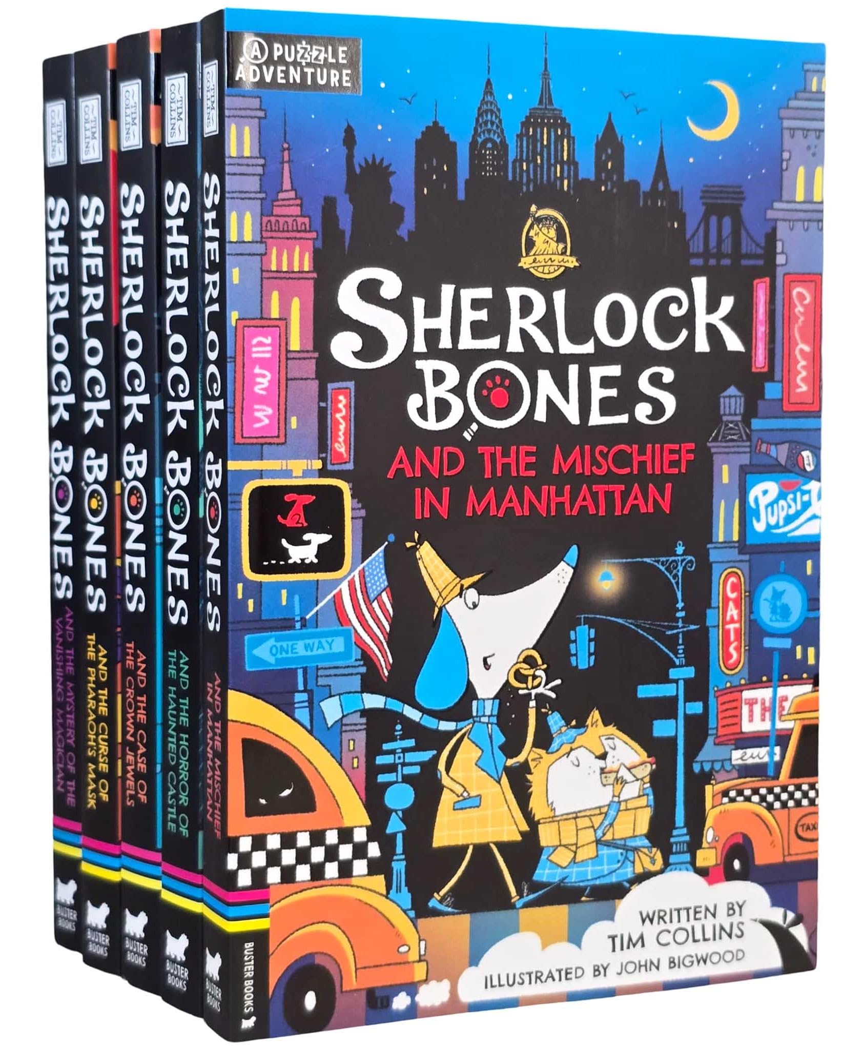 Adventures of Sherlock Bones by Tim Collins 5 books collection set front cover, paperback, ages 7-9