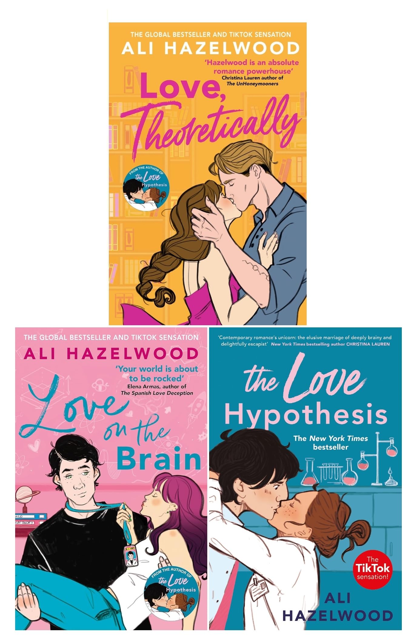 Ali Hazelwood 3-book paperback collection set featuring The Love Hypothesis, Love on the Brain, and Love Theoretically