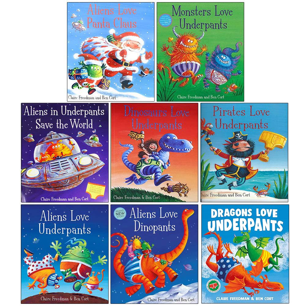 front cover of Aliens Love Underpants showing the alien crew and colorful pants