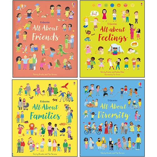 All About 4 Books Collection Set by Felicity Brooks - Usborne hardback front covers for Feelings, Families, Diversity and Friends, ages 3-7