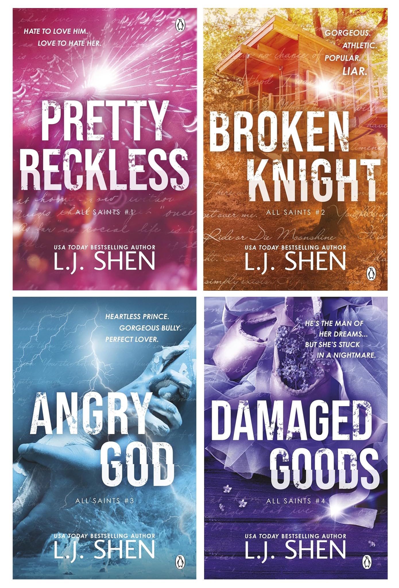 All Saints High Series by L.J. Shen 4 Book Paperback Collection Set front cover art showing Pretty Reckless, Broken Knight, Angry God, and Damaged Goods