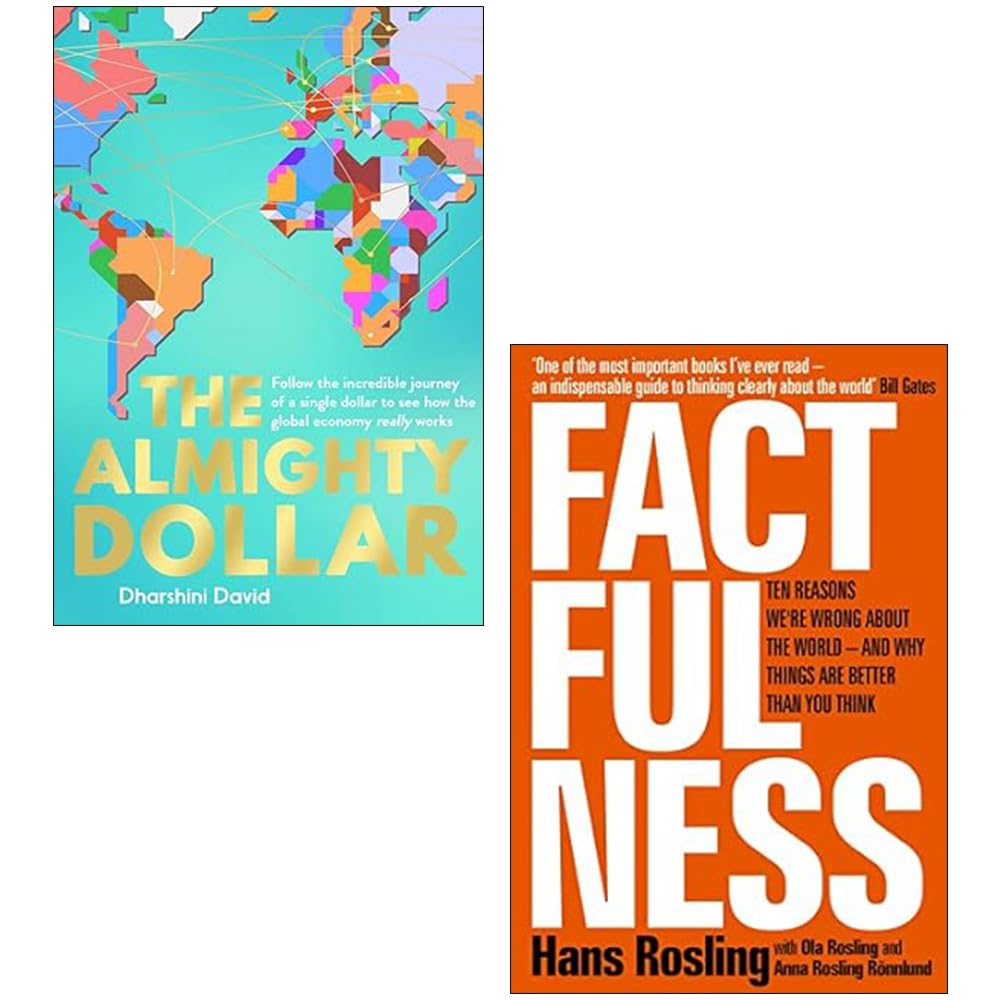 The Almighty Dollar by Dharshini David and Factfulness by Hans Rosling 2 book non-fiction paperback set front covers