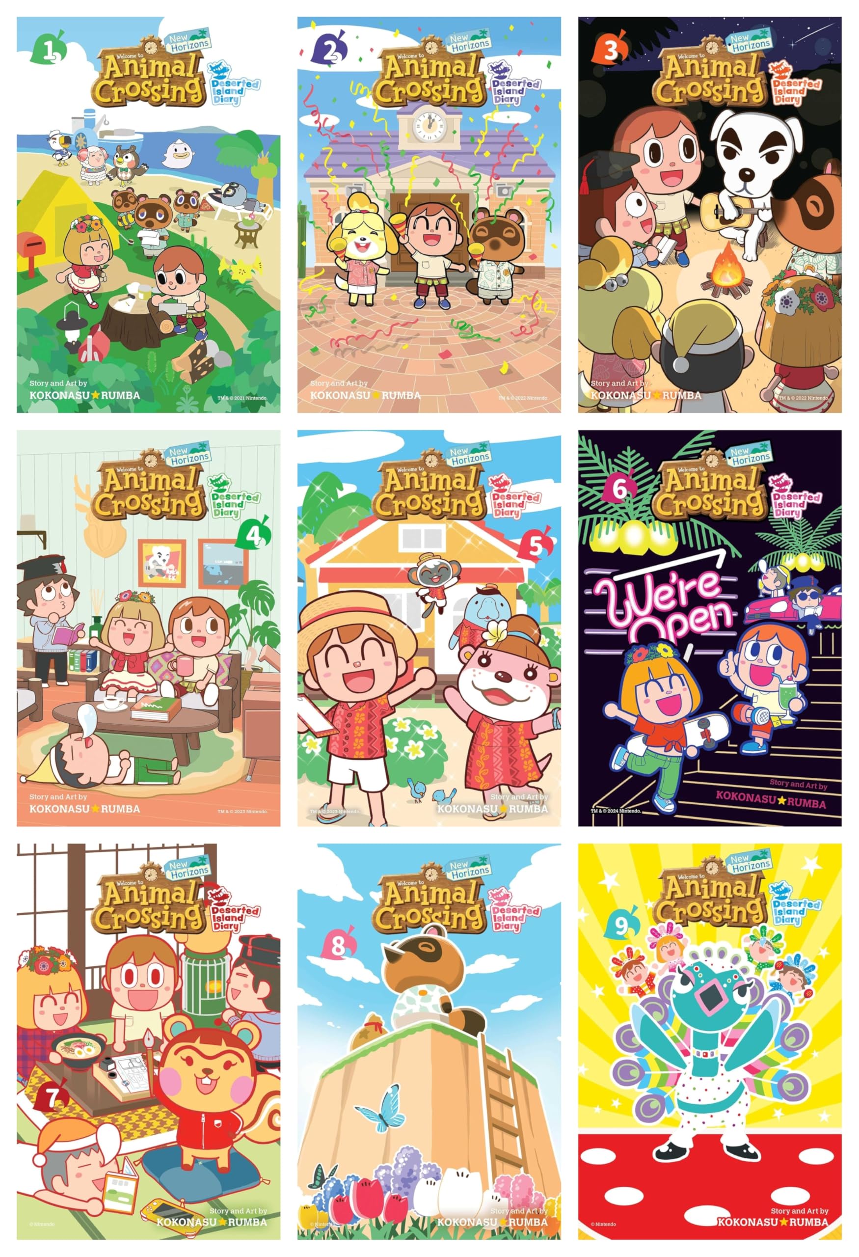 Animal Crossing: New Horizons Deserted Island Diary 9-book paperback manga set front cover by Kokonasu Rumba