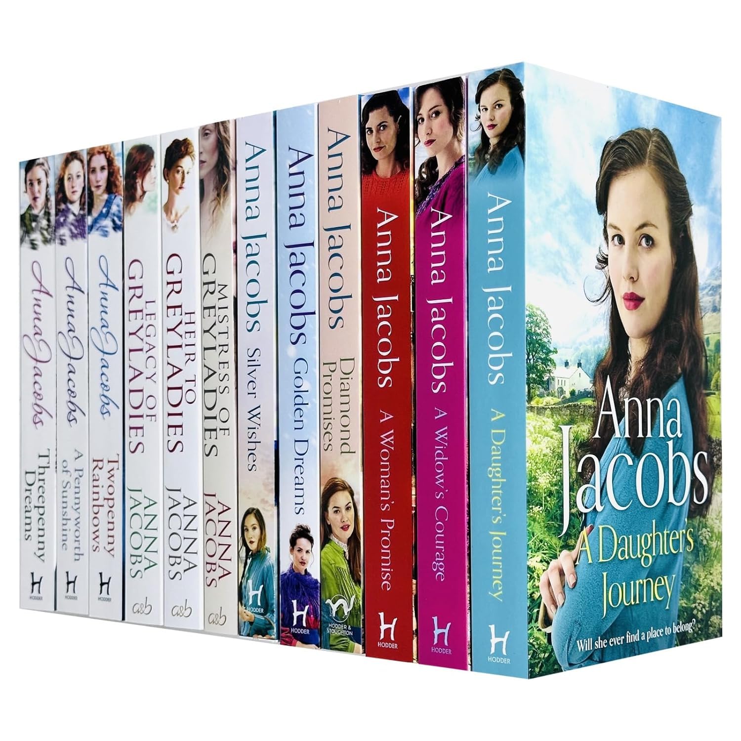 Anna Jacobs 12 Books Collection Set paperback front cover showing Birch End, Jubilee Lake, Greyladies and Irish Sisters series titles