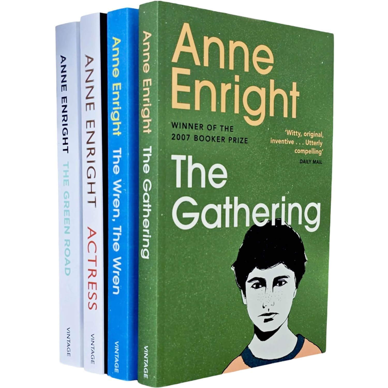Anne Enright 4 Books Collection Set paperback front covers featuring The Gathering, The Green Road, Actress, and The Wren, The Wren