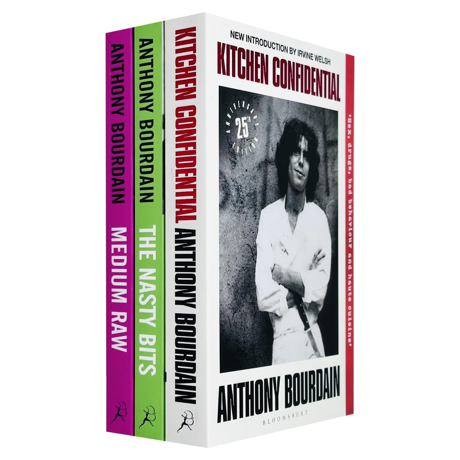 Anthony Bourdain 3 Books Collection Set paperback front cover featuring Kitchen Confidential, The Nasty Bits, and Medium Raw