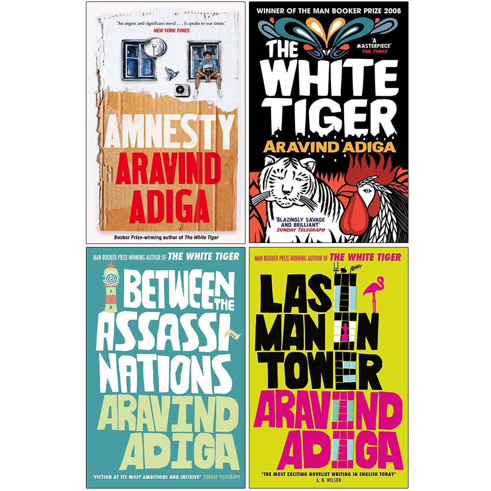 Aravind Adiga Collection 4 Books Set paperback front cover featuring The White Tiger, Amnesty, Between the Assassinations, and Last Man in Tower