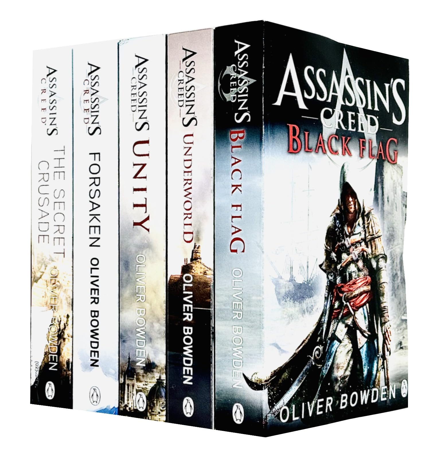 Assassin's Creed Series 2 by Oliver Bowden 5-book paperback collection set front covers, featuring The Secret Crusade, Forsaken, Unity, Underworld, and Black Flag