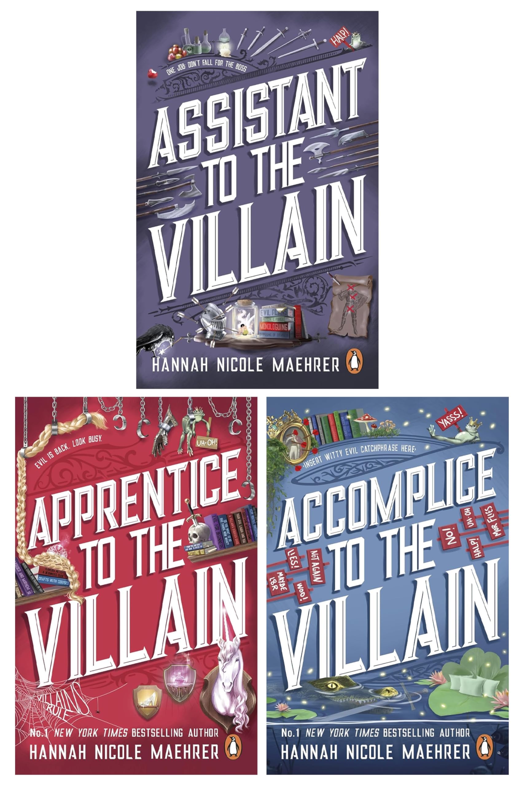 Assistant to the Villain series 3-book paperback collection set by Hannah Nicole Maehrer, front covers