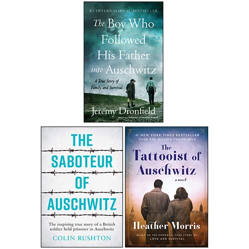 Auschwitz Trio 3 books collection set paperback front cover, featuring The Boy Who Followed His Father into Auschwitz, The Tattooist of Auschwitz, and The Saboteur of Auschwitz