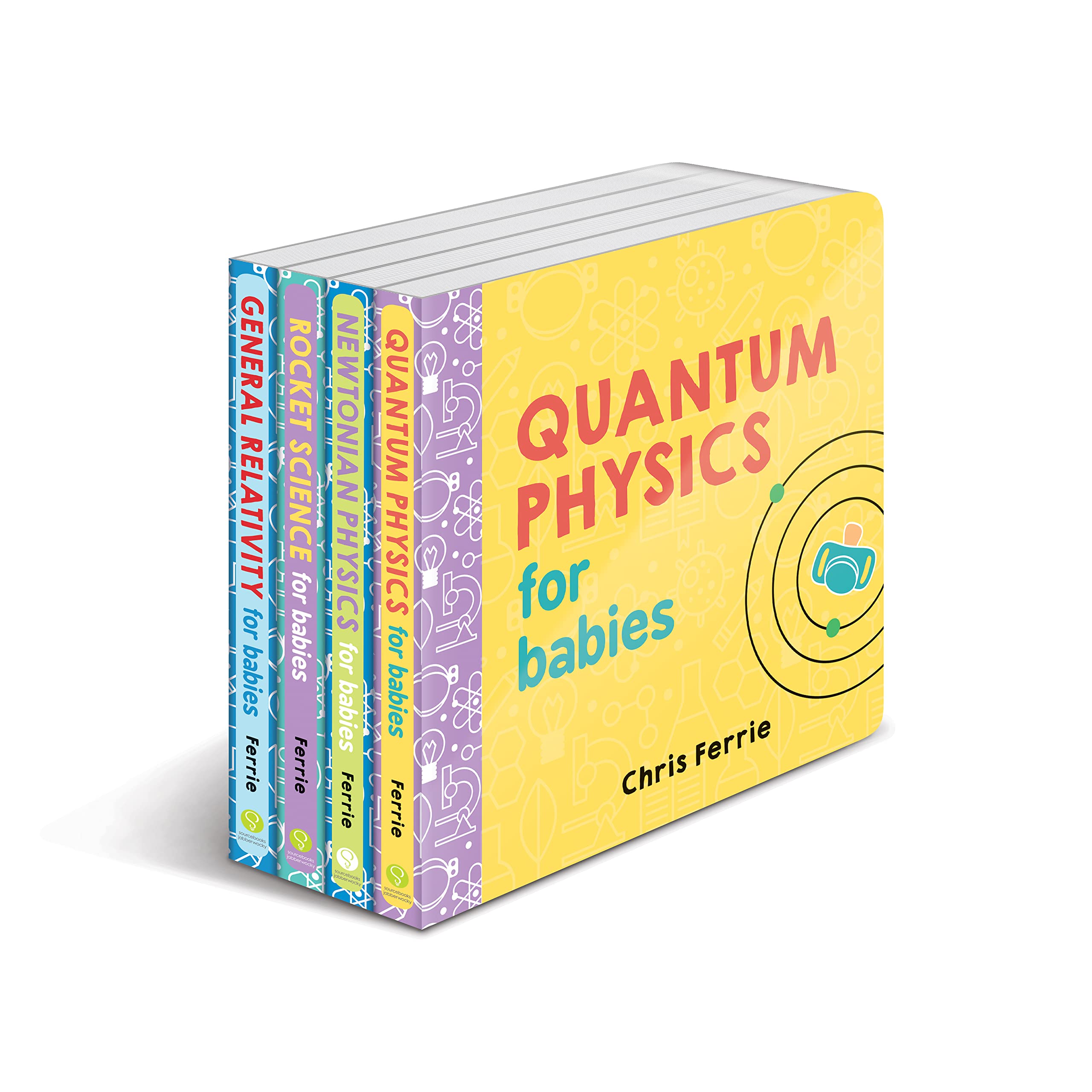 Baby University 4-book board book set by Chris Ferrie showing front covers of Quantum Physics, Rocket Science, General Relativity, and Newtonian Physics for Babies