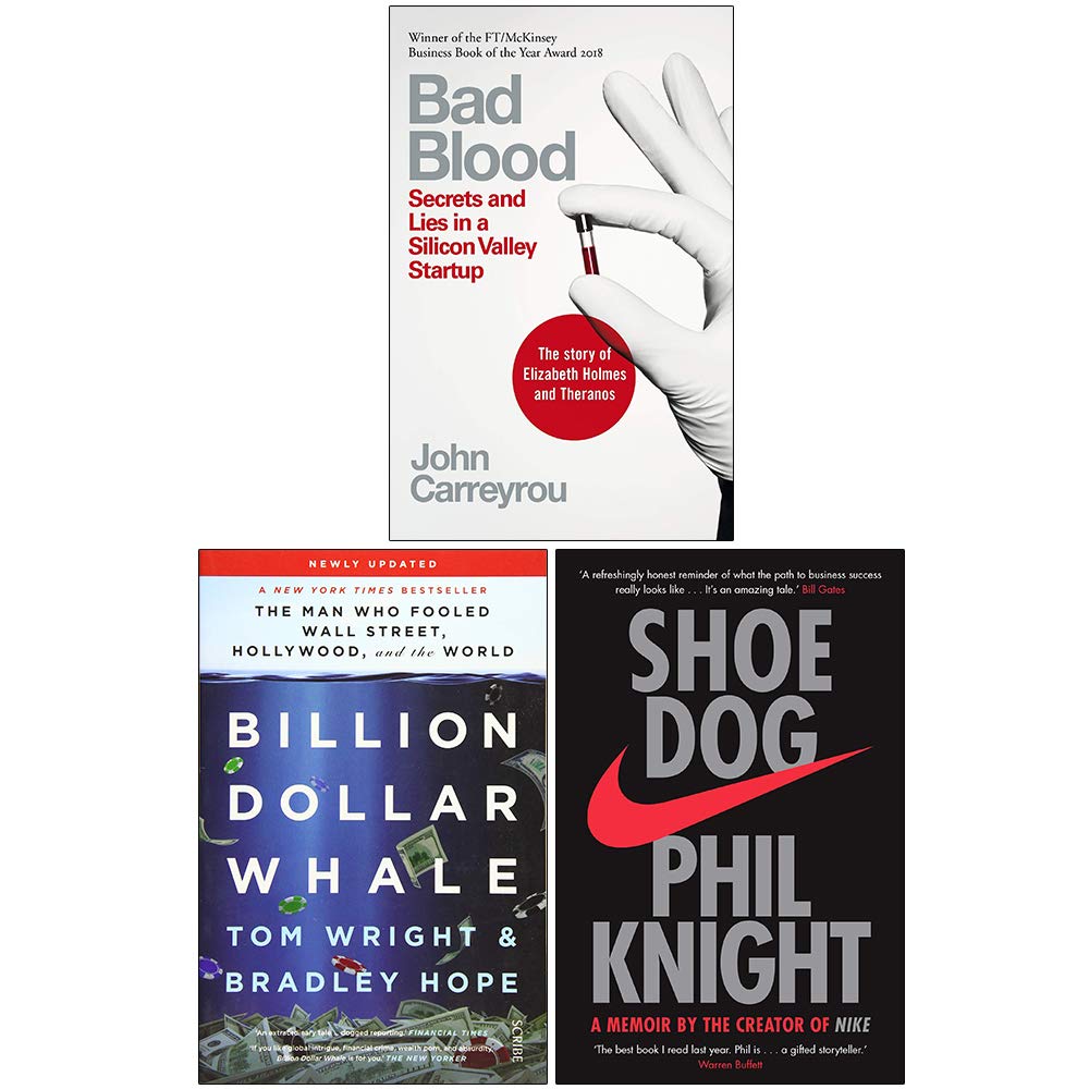 Bad Blood, Billion Dollar Whale, and Shoe Dog 3 books collection set paperback front covers