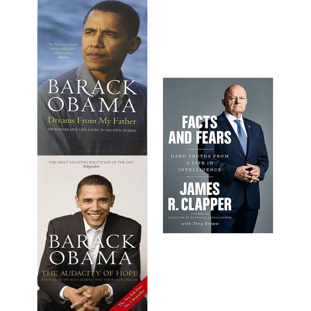 Front cover view of the Barack Obama Legacy Collection 3-book paperback set including Dreams From My Father, The Audacity of Hope, and Facts and Fears on a wooden table.