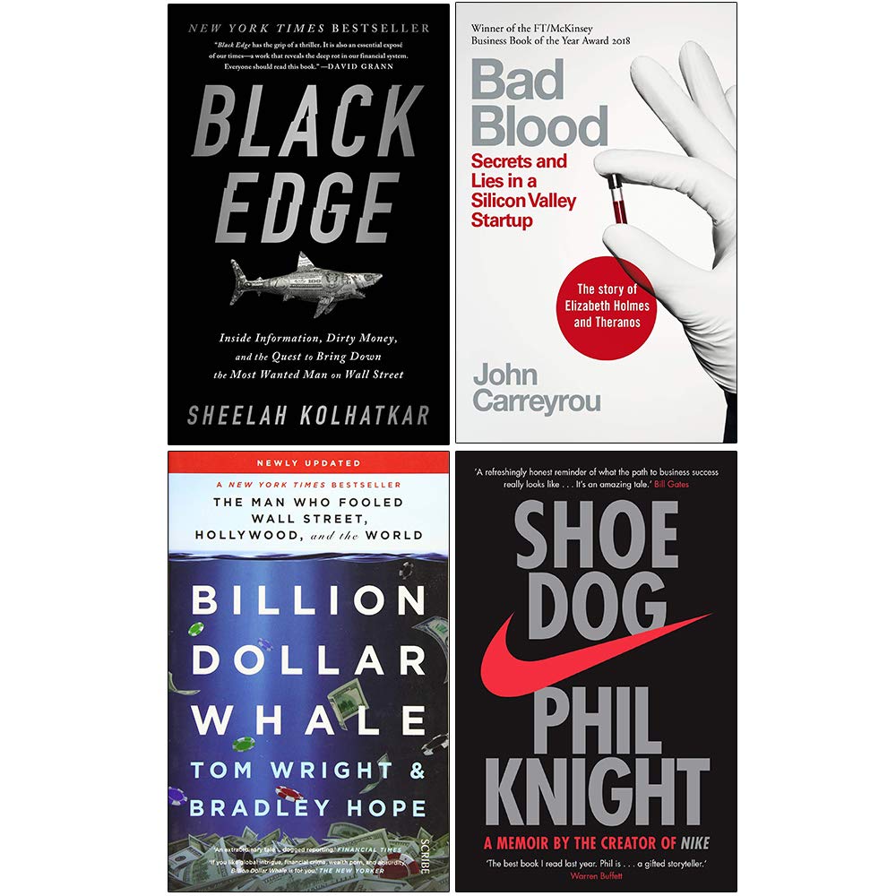 Black Edge, Bad Blood, Billion Dollar Whale & Shoe Dog 4 books collection set paperback front cover
