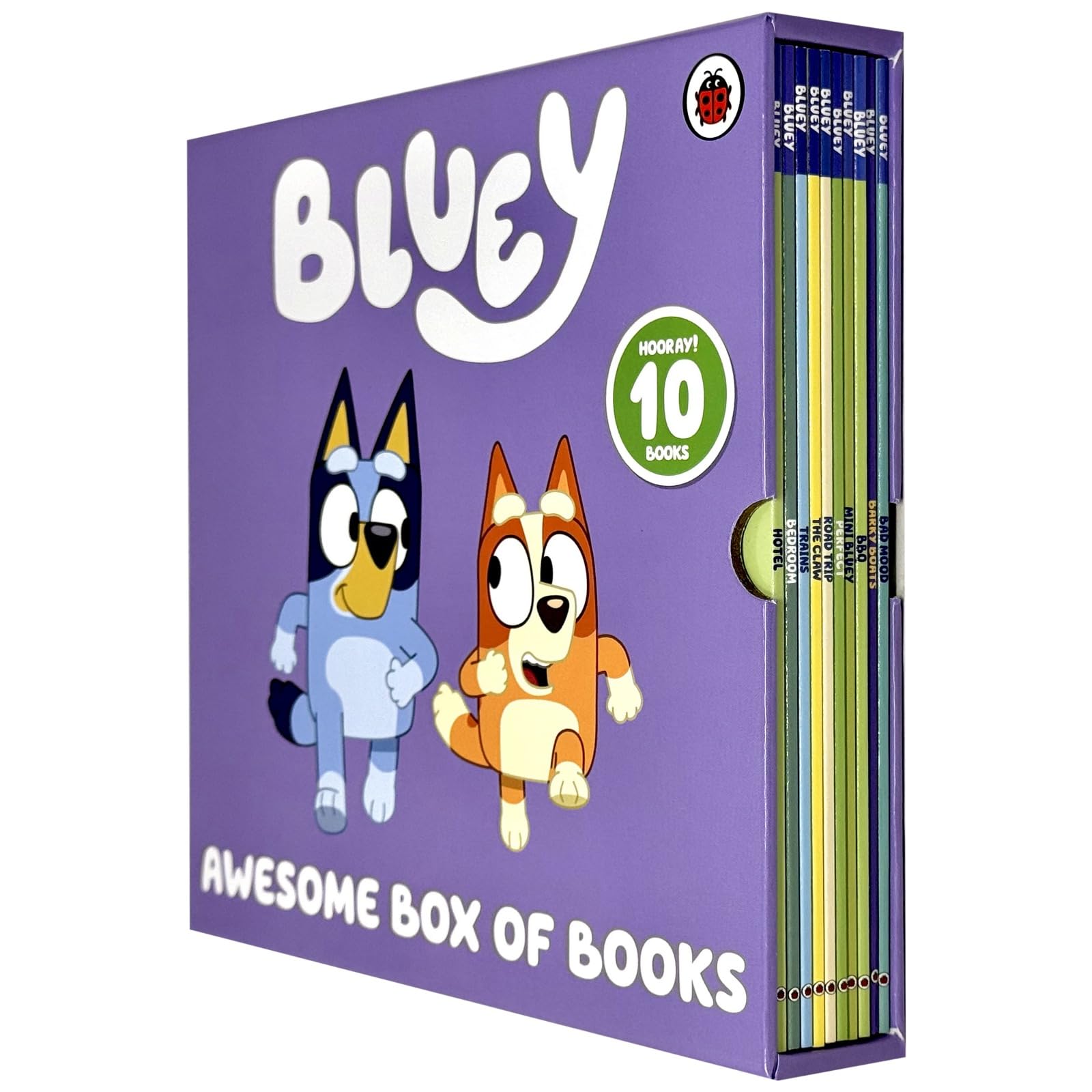 Front cover of the Bluey Awesome Box of Books 10 books collection set, paperback, ages 3-7