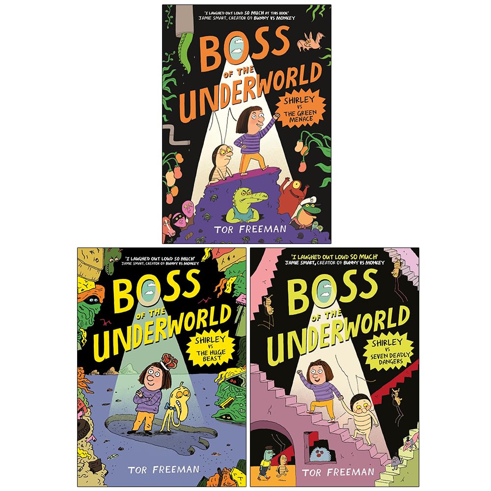Boss of the Underworld 3 Books Collection Set by Tor Freeman - front covers of Shirley vs the Green Menace, Shirley vs the Huge Beast, and Shirley vs Seven Deadly Dangers paperback graphic novels