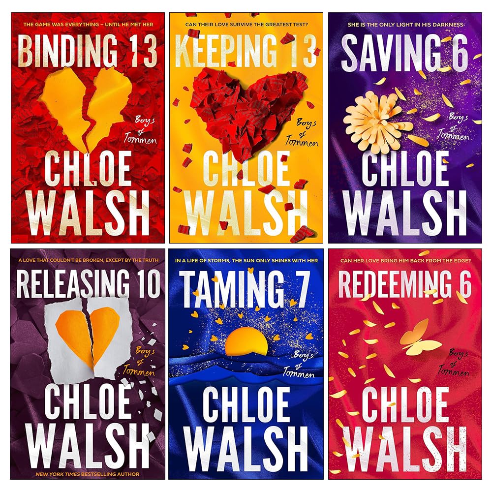 Front covers of the Boys of Tommen 6-book paperback collection by Chloe Walsh arranged together showing all colorful titles.