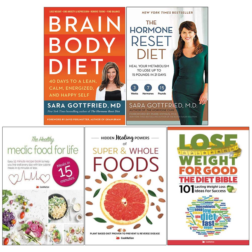 Front covers of the Brain Body Diet Collection, five paperback books by Sara Gottfried and CookNation stacked together.