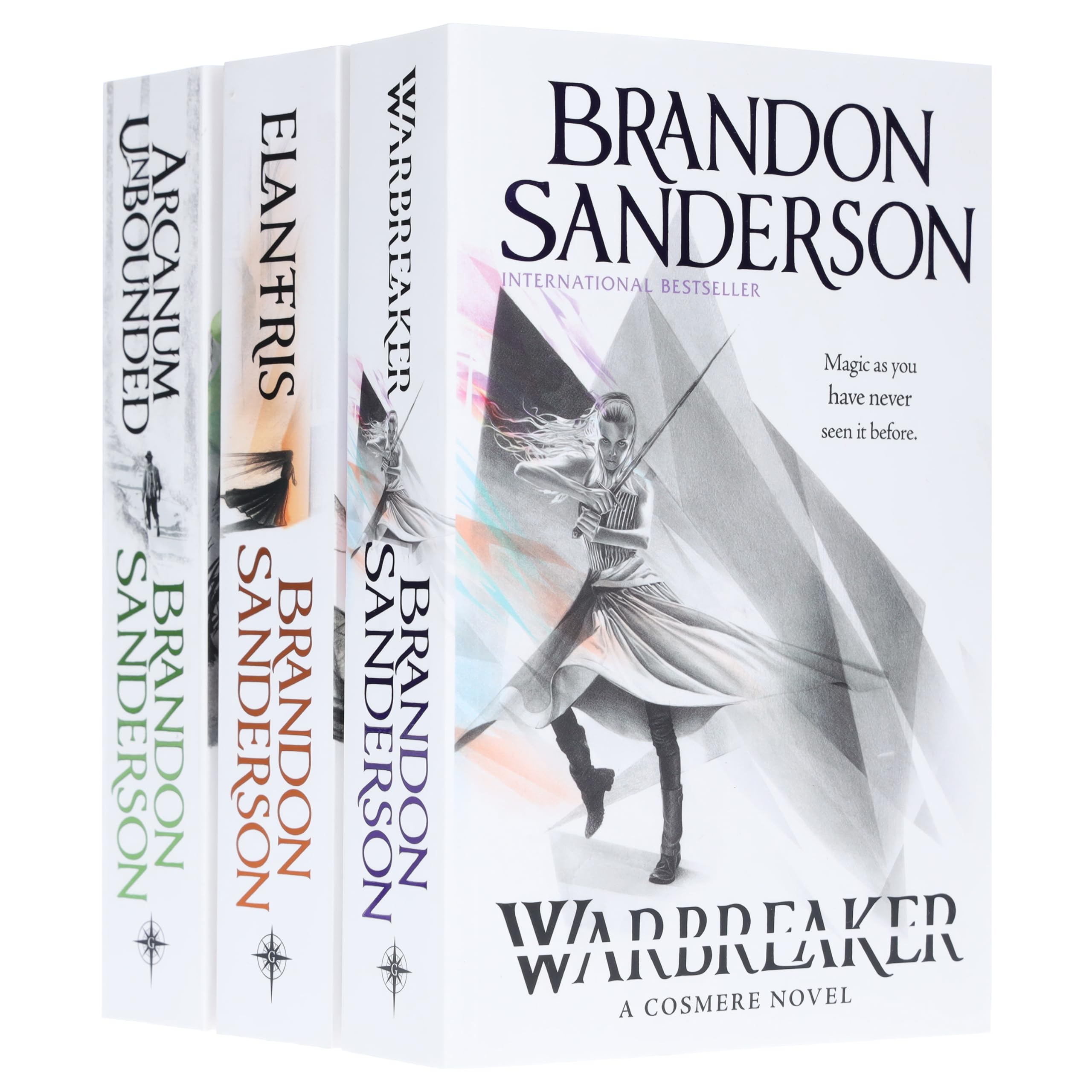 Front cover of the Brandon Sanderson 3-book paperback collection set featuring Elantris, Warbreaker, and Arcanum Unbounded