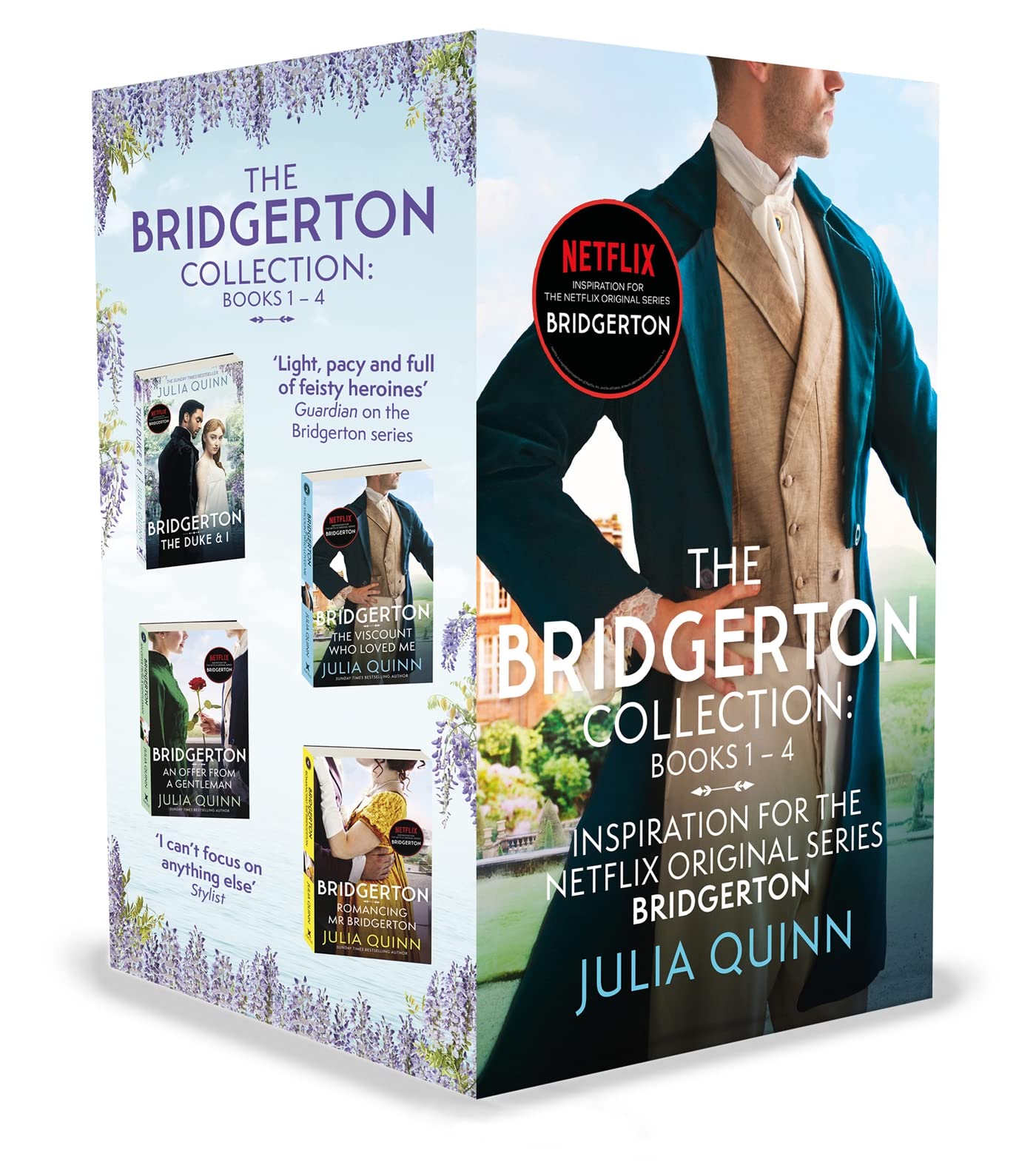 Bridgerton Collection Books 1-4 by Julia Quinn, four paperback novels stacked together showing the front covers of the Regency romance fiction set.