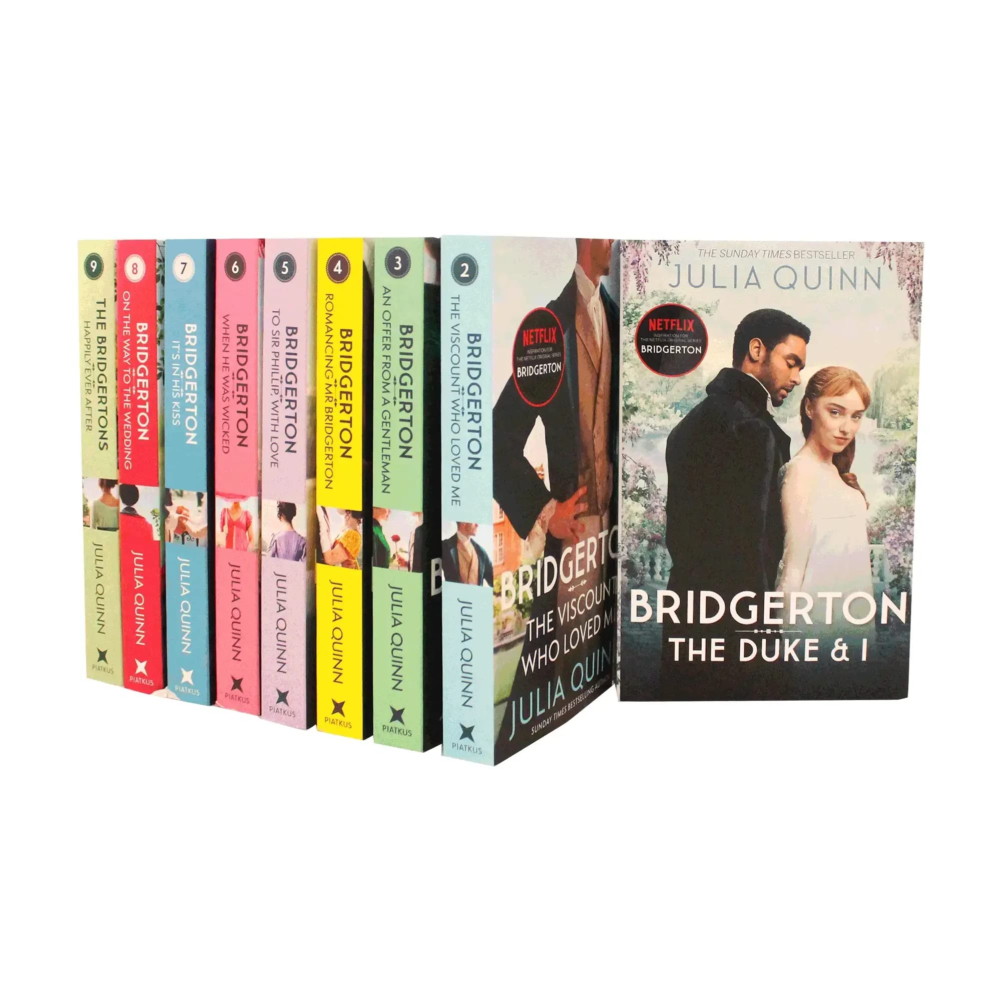 Front cover view of the Bridgerton Family Series 9-book paperback collection set by Julia Quinn with colorful Regency-style covers