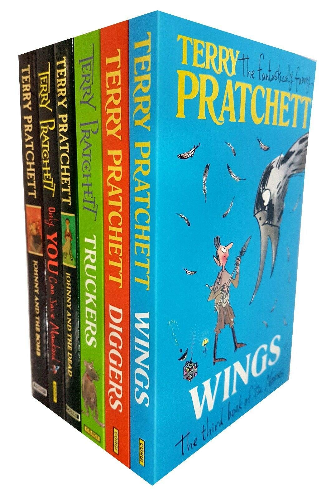 Front cover of the Terry Pratchett Bromeliad Trilogy and Johnny Maxwell Series 6 Books Collection Set, paperback edition for ages 9-11.