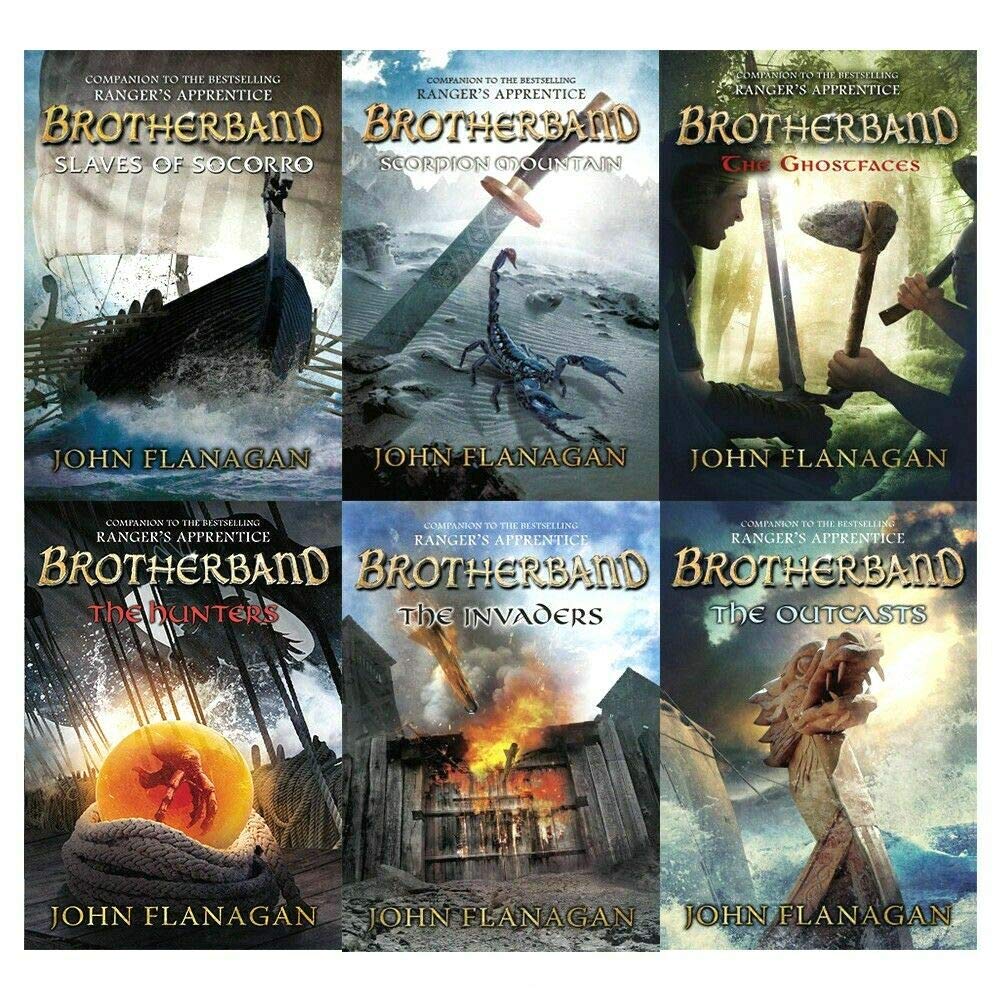 Brotherband Chronicles by John Flanagan 6-book paperback collection set showing all six covers: The Outcasts, The Invaders, The Hunters, Slaves of Socorro, Scorpion Mountain, and The Ghostfaces, ages 9-11