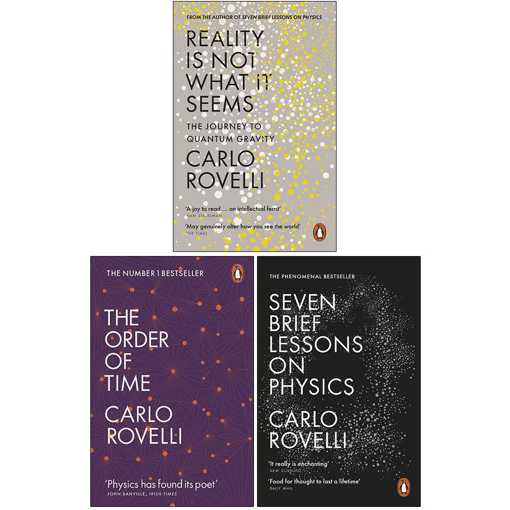 Front cover of the Carlo Rovelli 3 Books Collection Set, featuring Seven Brief Lessons on Physics, The Order of Time, and Reality Is Not What It Seems in paperback.