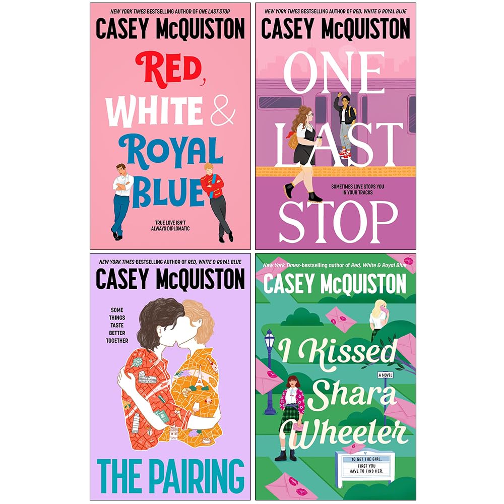 Casey McQuiston 4 Books Collection Set paperback front cover featuring Red White & Royal Blue, One Last Stop, The Pairing, and I Kissed Shara Wheeler
