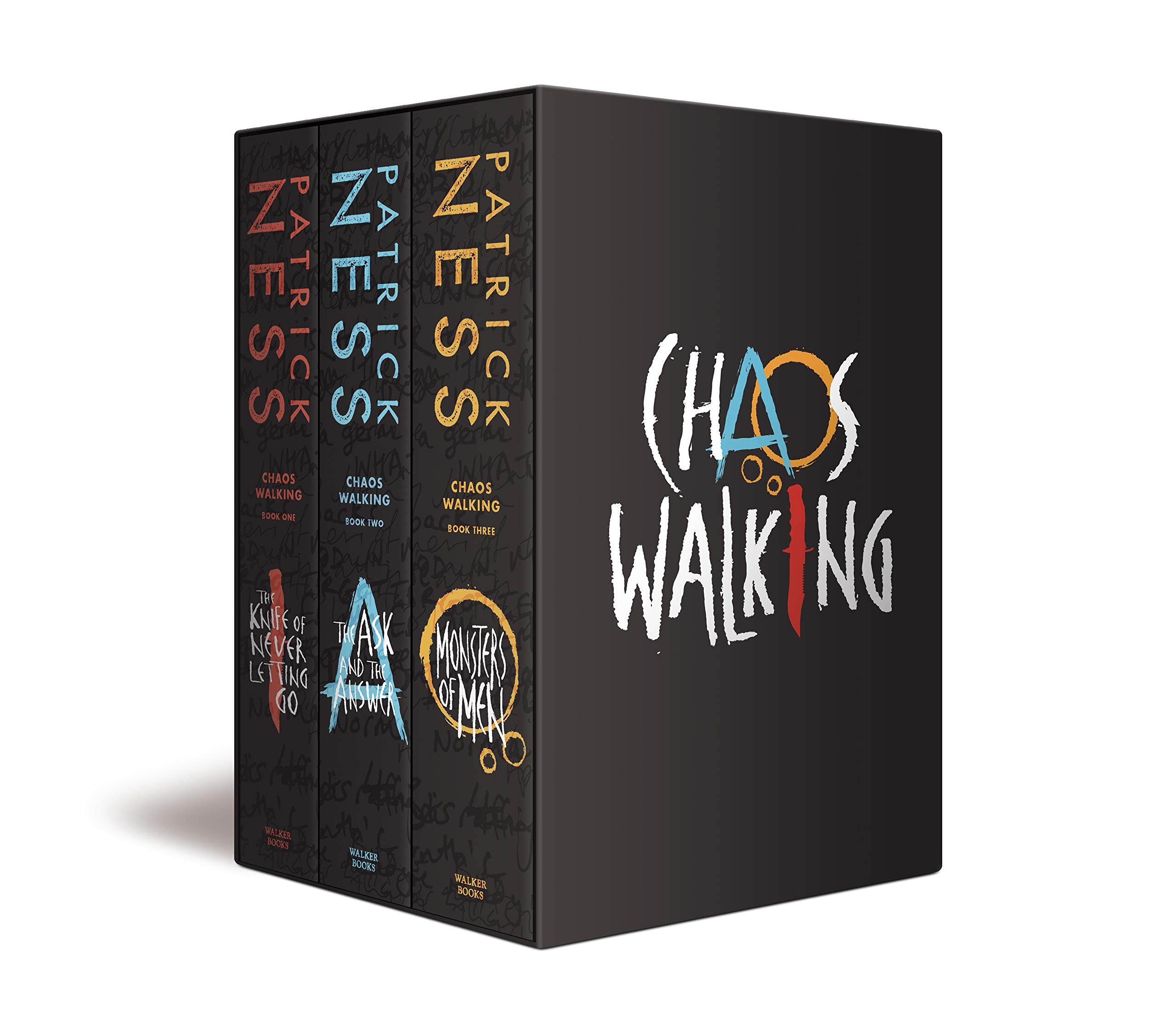 Chaos Walking Trilogy Boxed Set by Patrick Ness front cover, paperback young adult dystopian series