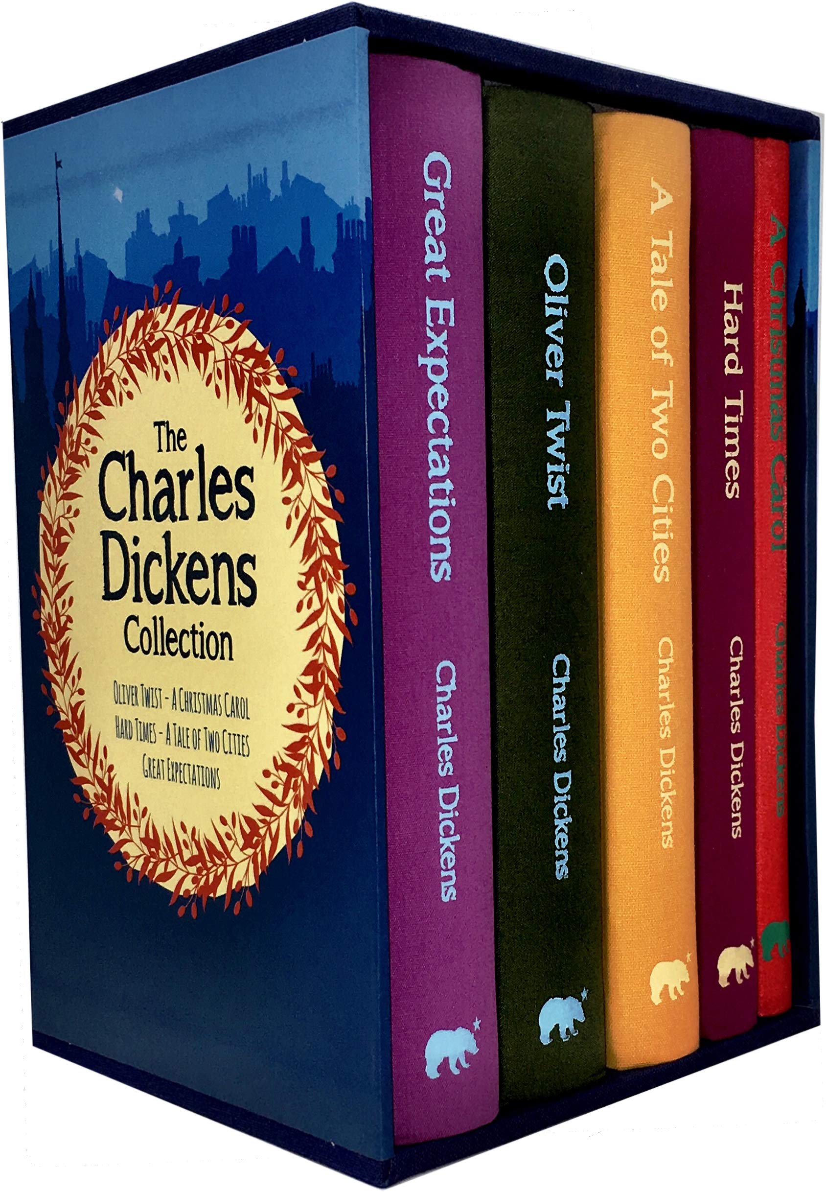 Front cover of The Charles Dickens Collection 5-book hardcover box set featuring Oliver Twist, A Christmas Carol, Hard Times, A Tale of Two Cities, and Great Expectations