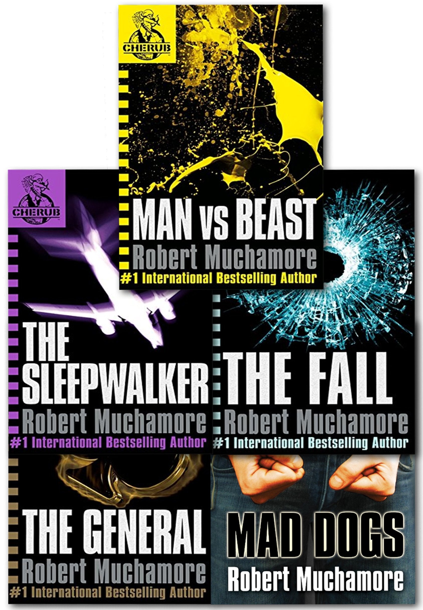 Front covers of all five CHERUB paperback books by Robert Muchamore (Man vs Beast, The Fall, Mad Dogs, The Sleepwalker, The General) fanned out together.
