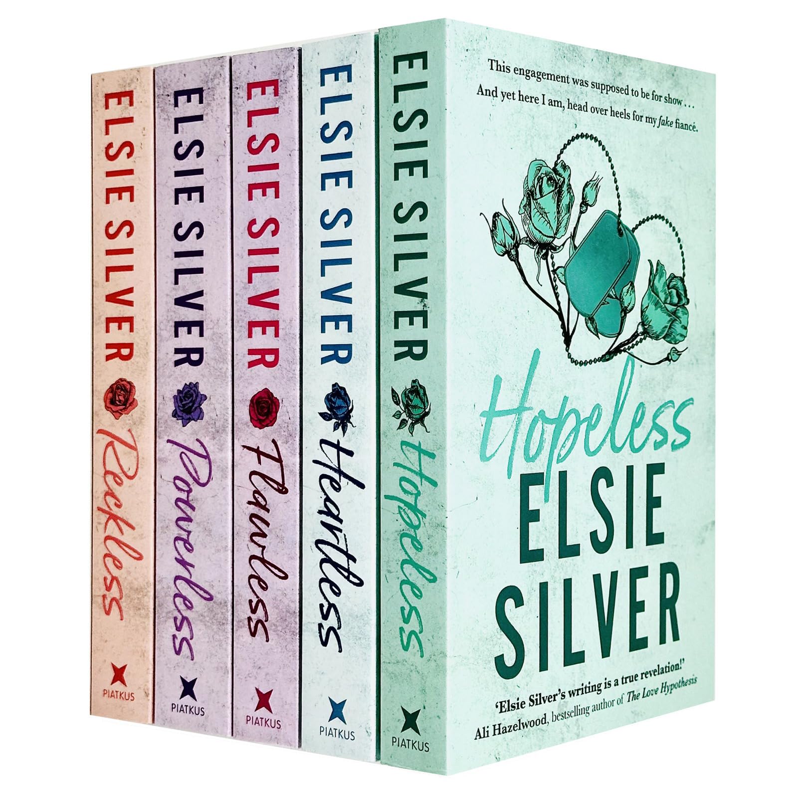 Chestnut Springs Series by Elsie Silver 5-book paperback set, front covers of Flawless, Heartless, Powerless, Reckless, and Hopeless.