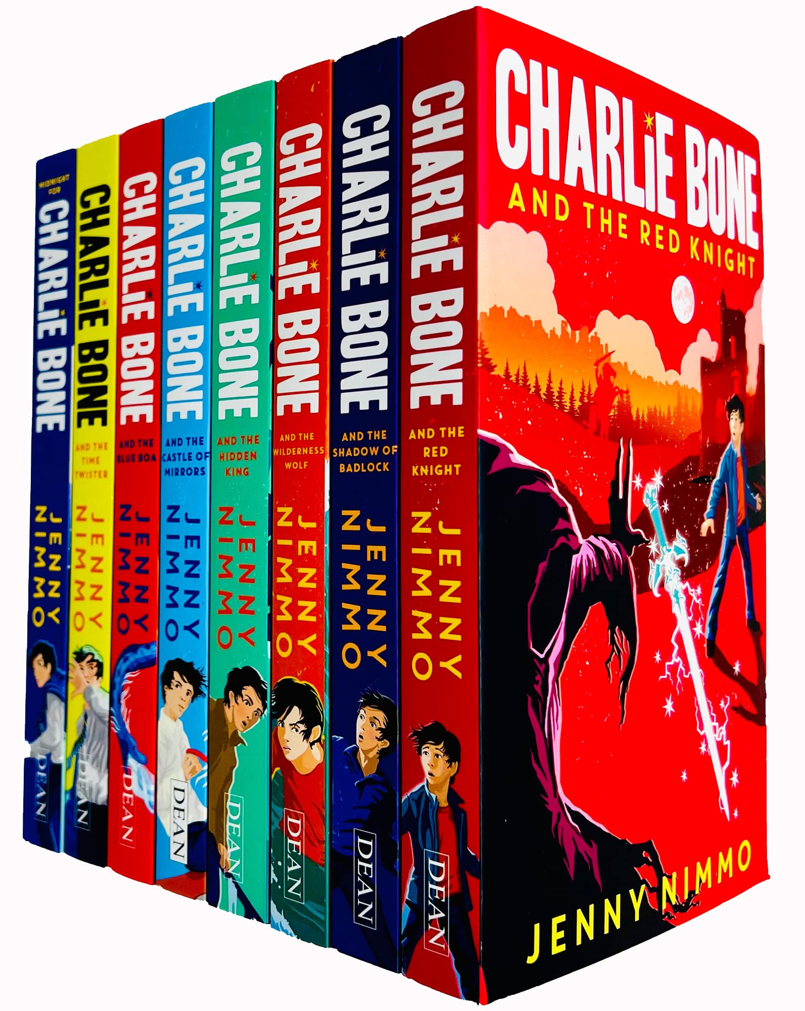 Full set of all 8 Charlie Bone paperback books by Jenny Nimmo fanned out, showing colorful Children of the Red King series covers for ages 9-12.