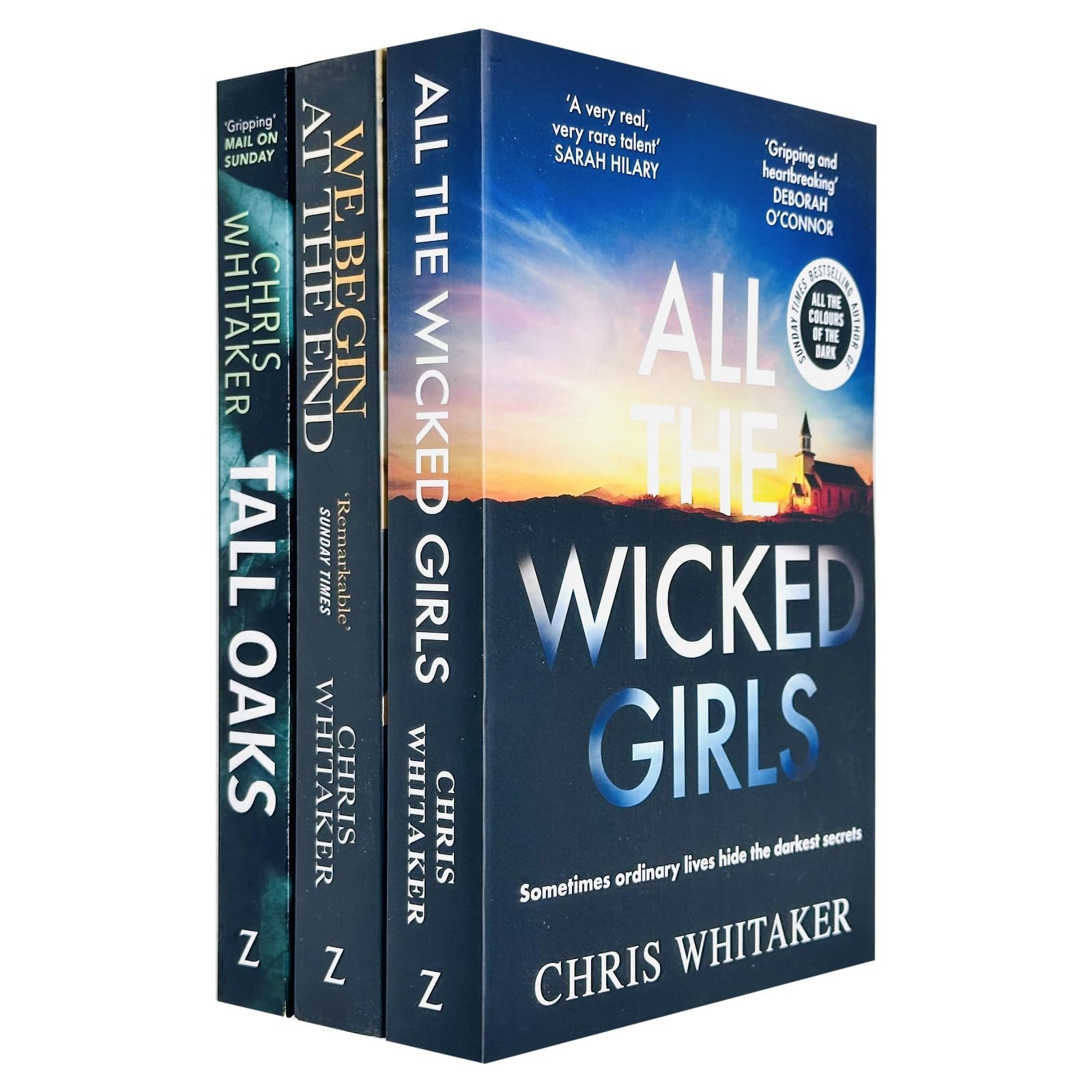 Chris Whitaker Collection 3 Books Set paperback front cover showing We Begin at the End, Tall Oaks, and All the Wicked Girls