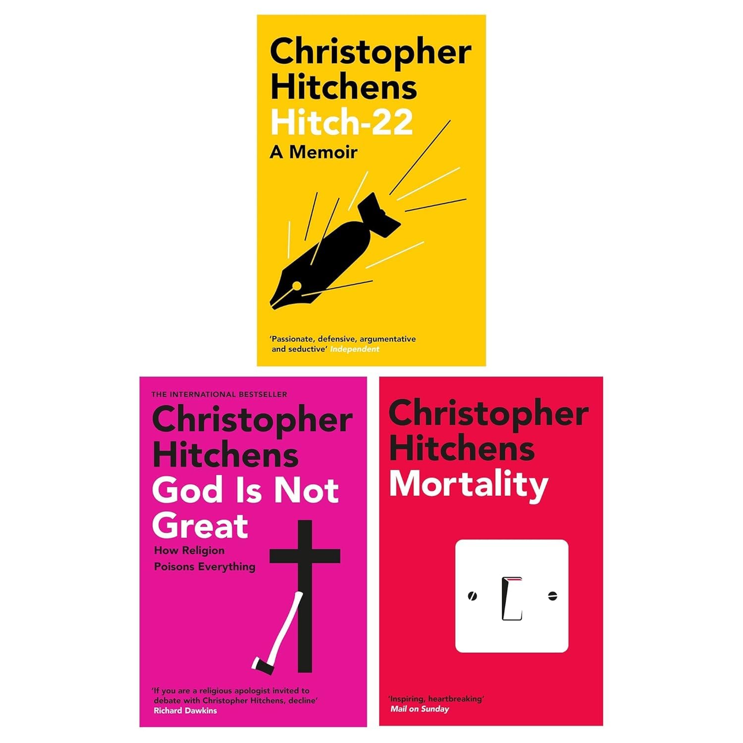 Christopher Hitchens 3 Books Collection Set paperback front covers, including Mortality, God Is Not Great, and Hitch-22