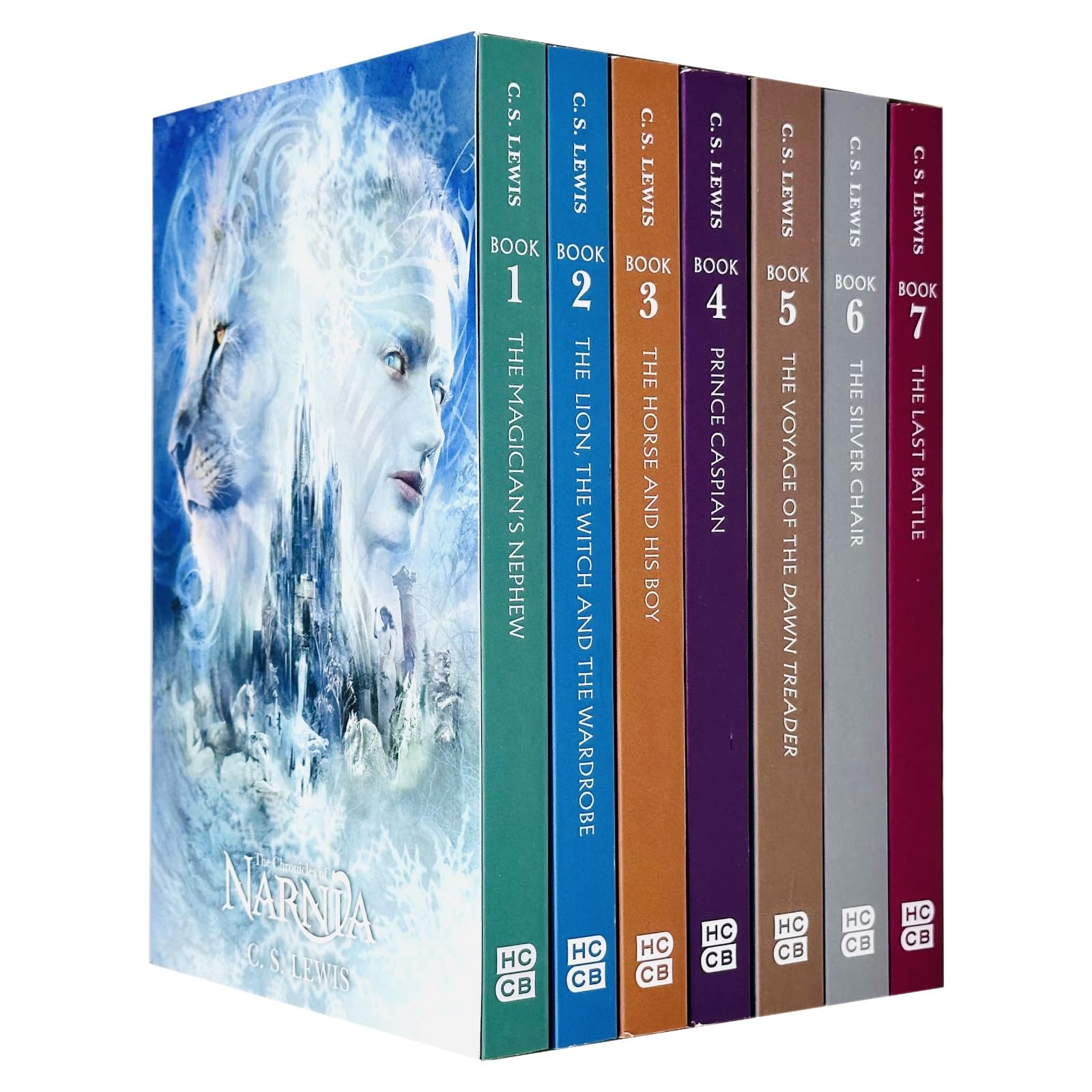 Front cover view of The Chronicles of Narnia 7 books collection paperback set by C S Lewis, showing all seven colorful covers together.