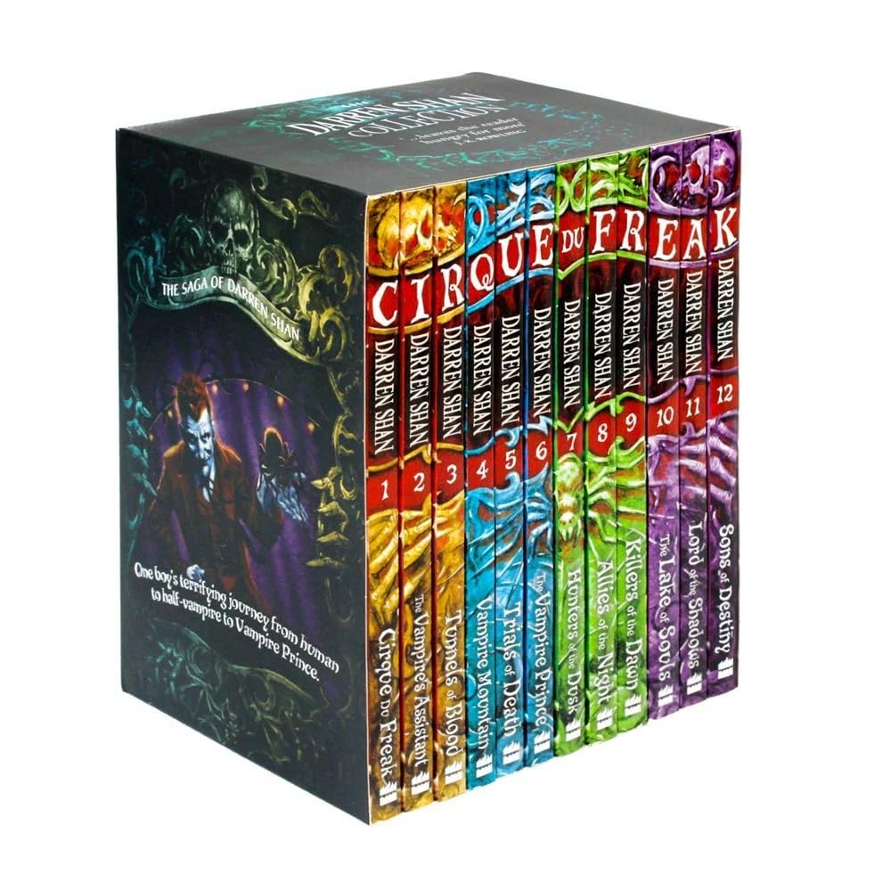 Complete 12-book Cirque Du Freak paperback collection by Darren Shan, all titles fanned out showing colorful young adult horror covers.