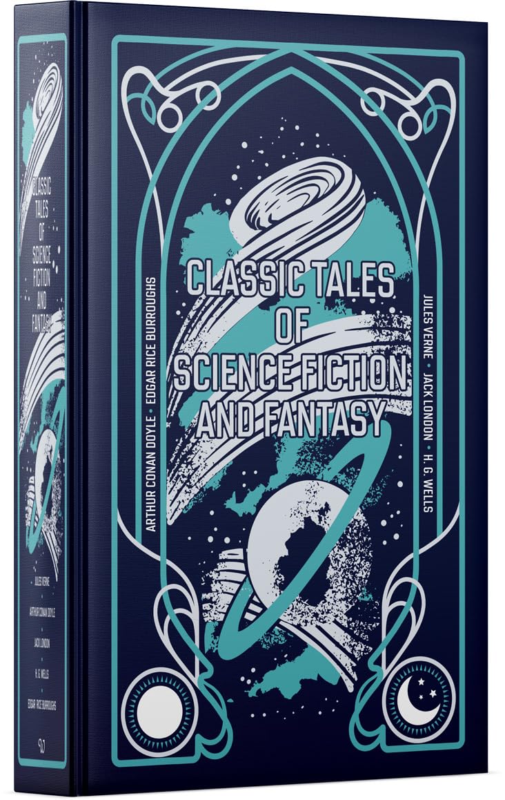Front cover of Classic Tales of Science Fiction and Fantasy leather bound anthology by Burroughs, Wells, Verne, Doyle and Gilman displayed on a wooden surface.