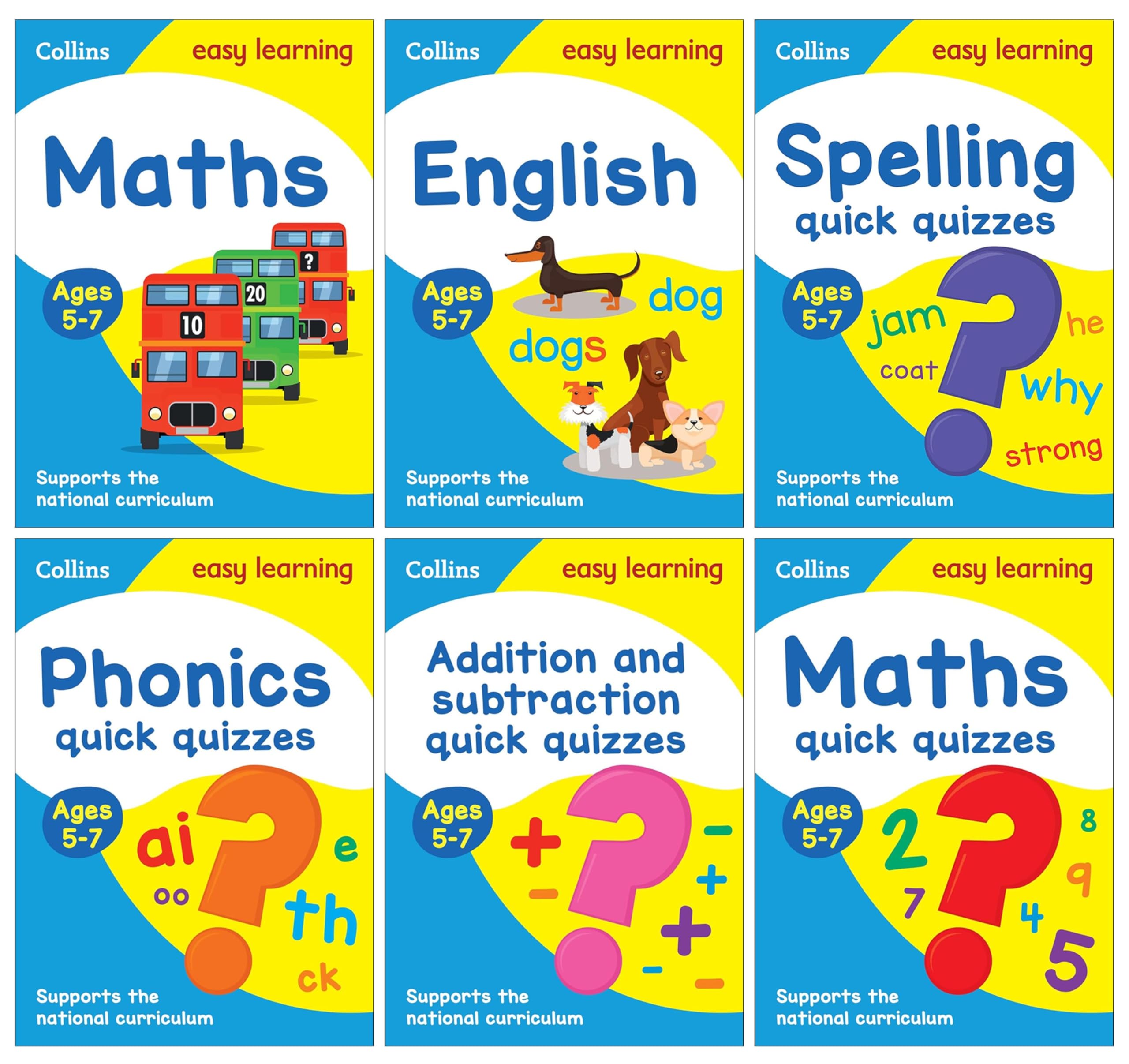 Front cover of the Collins Easy Learning KS1 Starter Set 6 Books Collection, Ages 5-7 paperback activity books including Maths, English, Spelling, Phonics, Addition and Subtraction, and Maths Quick Quizzes