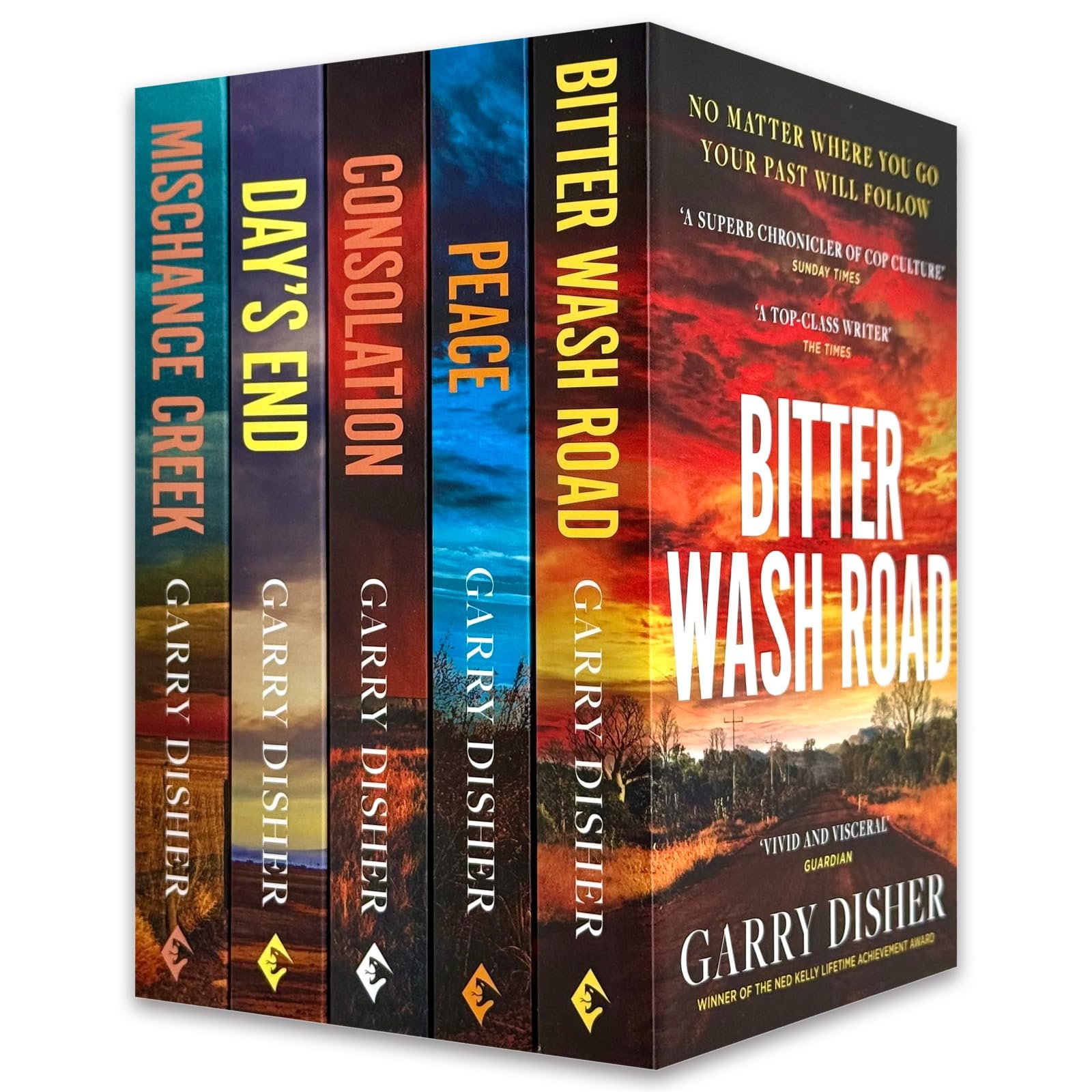 Constable Hirsch Mysteries 5 book paperback set by Garry Disher, front cover of Bitter Wash Road