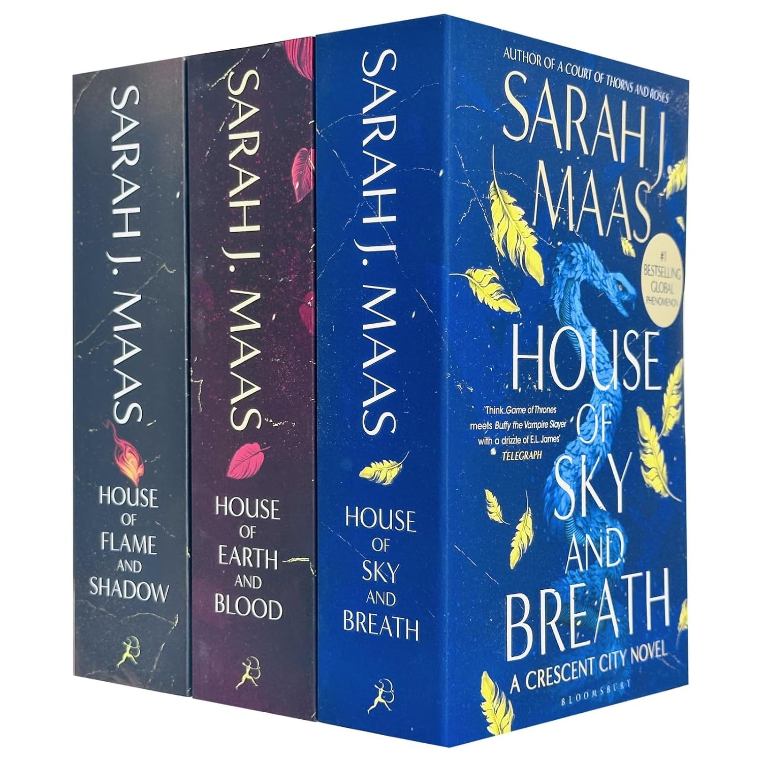 Crescent City 3-book paperback collection set by Sarah J. Maas standing upright showing all three front covers.