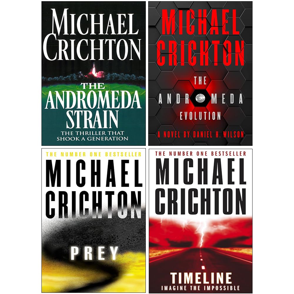 Crichton & Wilson 4 Books Collection Set paperback front covers featuring The Andromeda Strain, The Andromeda Evolution, Prey and Timeline
